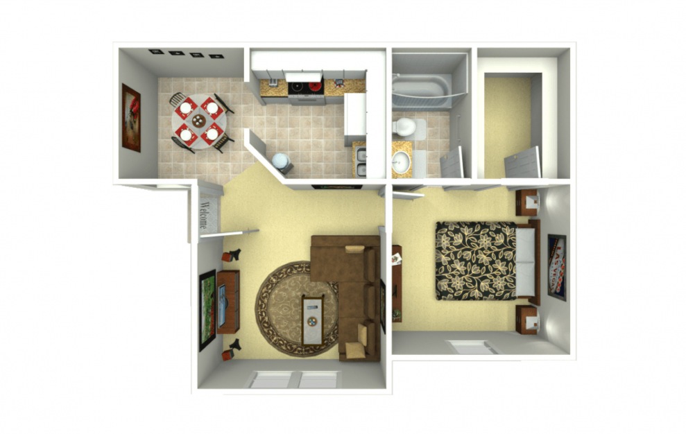 A1 - Renovated - 1 bedroom floorplan layout with 1 bath and 523 square feet.