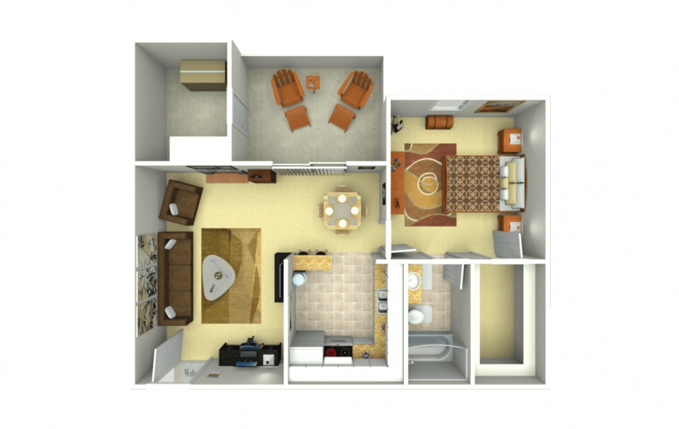 A2 - Renovated - 1 bedroom floorplan layout with 1 bath and 652 square feet.