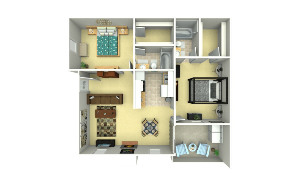 B2 - Renovated - 2 bedroom floorplan layout with 2 bathrooms and 892 square feet