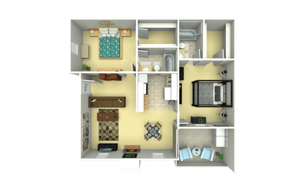 B2 - Renovated - 2 bedroom floorplan layout with 2 baths and 892 square feet.