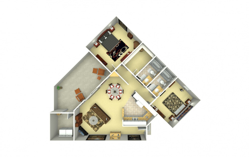 B4 - 2 bedroom floorplan layout with 2 baths and 1079 square feet.