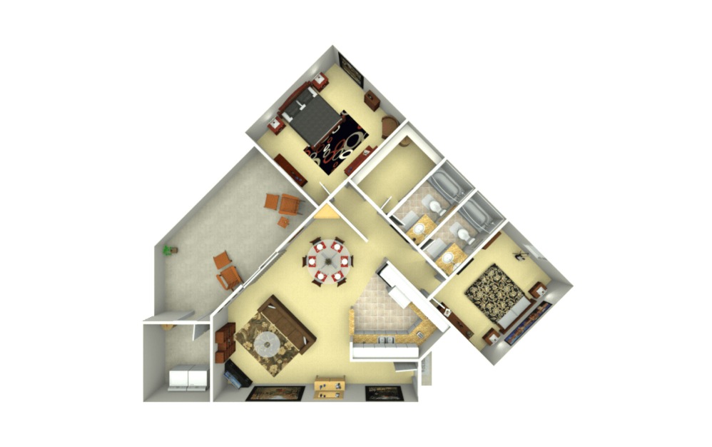 B4 - Renovated - 2 bedroom floorplan layout with 2 bathrooms and 1079 square feet